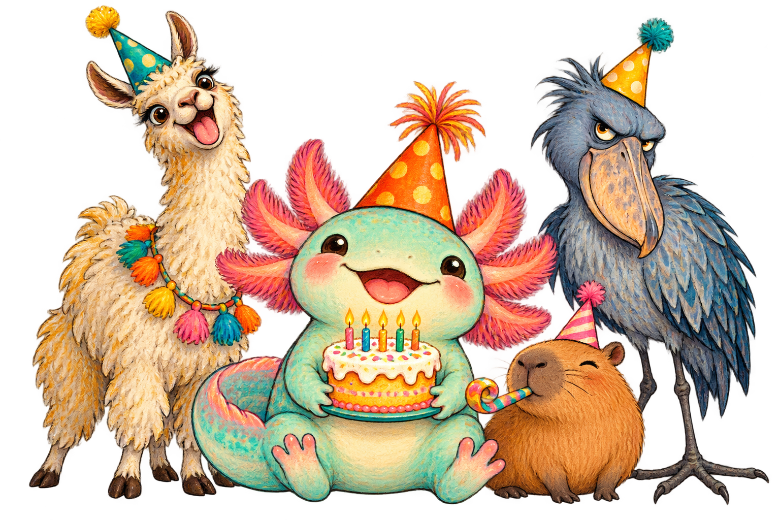 A mint axolotl, goofy llama, shoebill and capybara arrive with party hats and birthday cake.