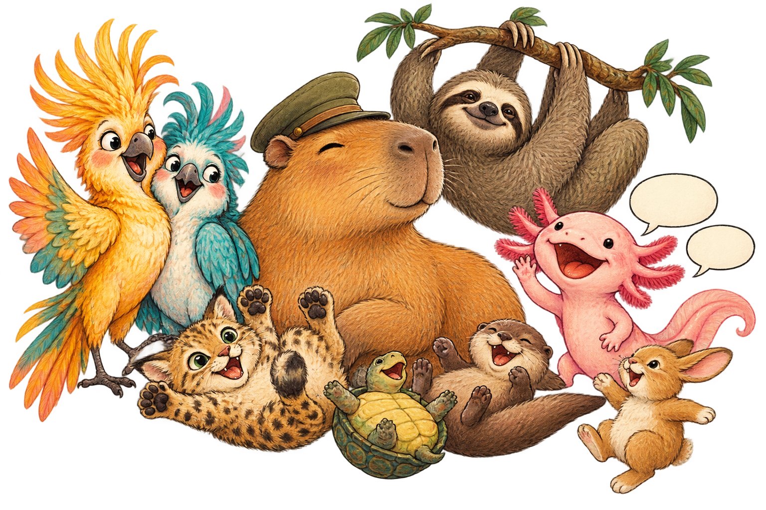 A capybara in an olive cap, a quiet sloth, quirky birds and a chatty axolotl form a very silly family gathering.