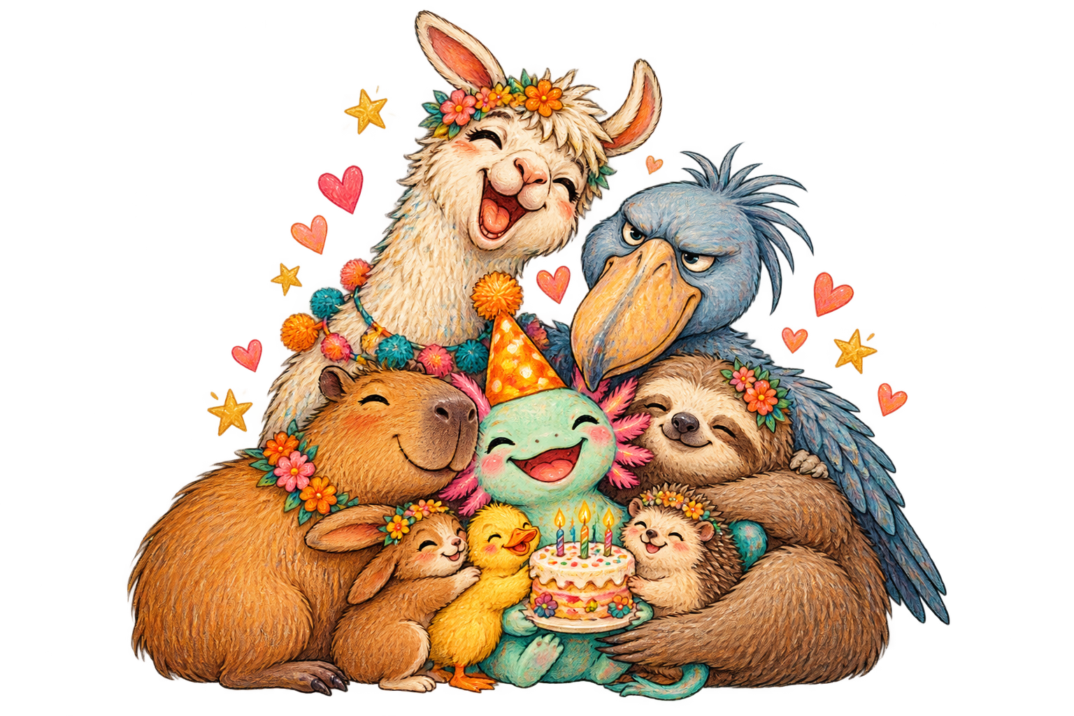 A joyful gathering of quirky animals and little animal babies snuggling around a birthday cake.